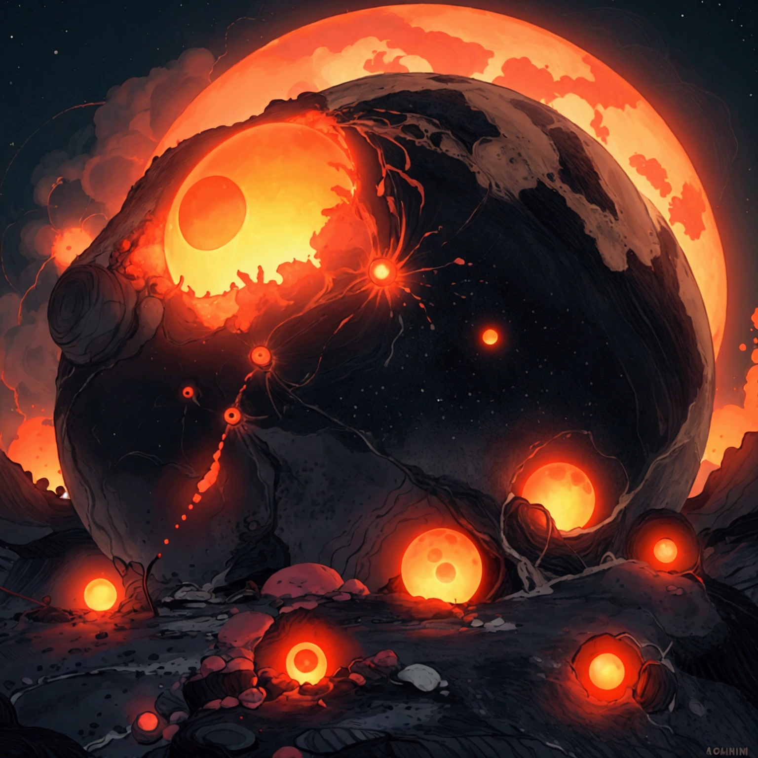 a surreal scene, huge flying eye ball, on the sun, a giant fiery orb in the sky, scorching hot landscape, floating rock formations, mysterious glowing structures, alien technology, bright orange sky, dynamic lighting, vibrant colors, cinematic composition, highly detailed, photorealistic, 8k, hyperrealistic, dramatic shadows, volumetric lighting, intricate details, stunning visuals, mind-bending perspective, imaginative world, futuristic atmosphere, sense of wonder, digital art, concept art style