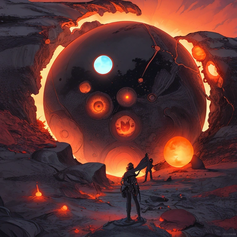 a surreal scene, huge flying eye ball, on the sun, a giant fiery orb in the sky, scorching hot landscape, floating rock formations, mysterious glowing structures, alien technology, bright orange sky, dynamic lighting, vibrant colors, cinematic composition, highly detailed, photorealistic, 8k, hyperrealistic, dramatic shadows, volumetric lighting, intricate details, stunning visuals, mind-bending perspective, imaginative world, futuristic atmosphere, sense of wonder, digital art, concept art style