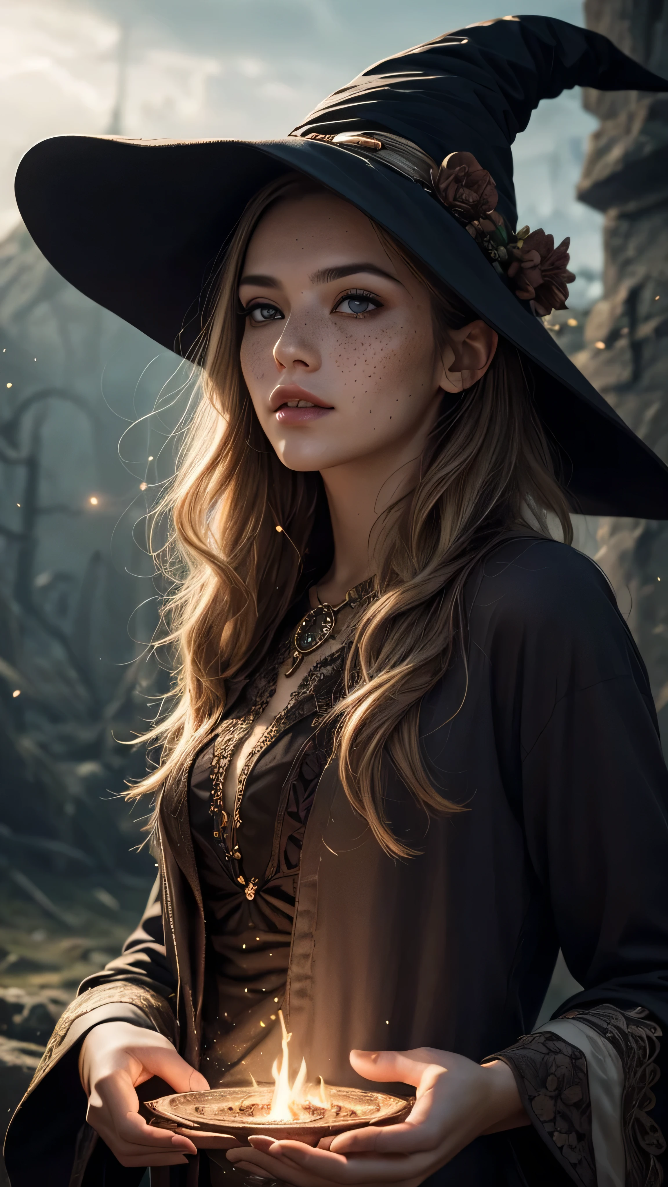 photorealistic, 35mm, intricate details, hdr, intricate details, hyperdetailed, natural skin texture, hyperrealism, sharp, 1 girl, adult (elven:0.7) woman, freckles, grey eyes, chestnut layered hair, portrait, looking down, solo, half shot, detailed background, witch hat, witch, magical atmosphere, hair flowing in the wind, red trimmed light colored clothes, whirlwind of swirling magic spell in the air, dark magic, (style-swirlmagic:0.8), floating particles,