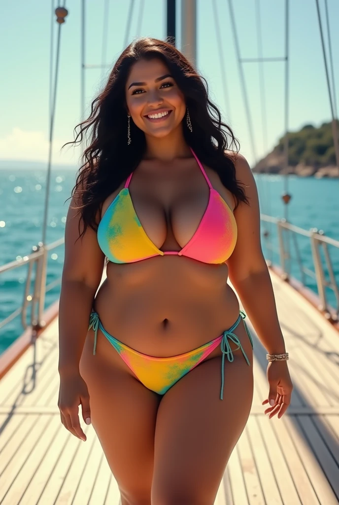 a beautiful young mexican woman, chubby, plump, smiling, a 40 year old girl with chubby figure, black hair, colorful string bikini, full body shot, front view, walking along a sailing yacht, detailed face, high quality, detailed skin, intricate details, incredibly detailed, masterpiece, photorealistic, hyper detailed, cinematic lighting, warm color tones, natural shading, 8k, best quality