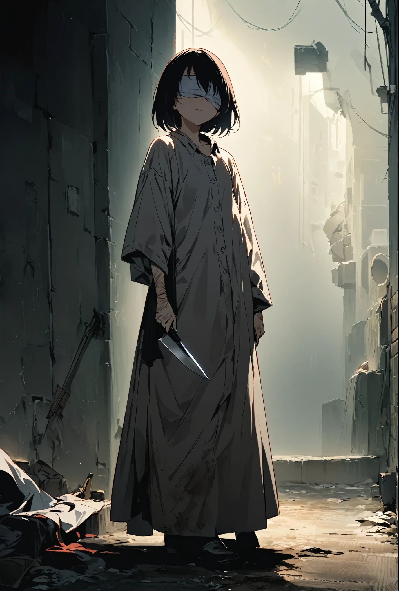 Alley, There is a girl, The eyes were blindfolded by cloth., Back against the wall,Arm injury. Her face was filled with sadness and despair... , Linen clothes, Perspective material, Knife in hand, Strike a pose, ,
