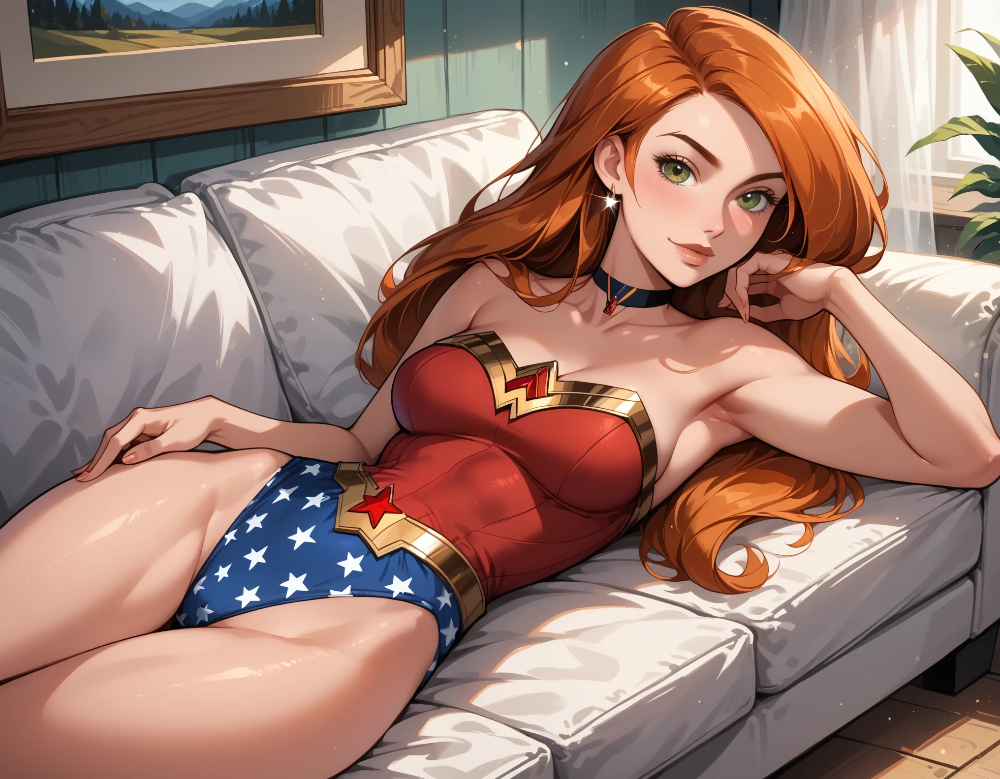 score_9, score_8_up, score_7_up, score_6_up, rating_safe, source_cartoon, BREAK (beautiful Kim Possible, orange-red hair:1.4), sexy smirk, BREAK wearing (Wonder Woman costume:1.2), choker, BREAK in the living room, laying on the couch, looking at the viewer, aroused, shallow depth of field, BREAK bokeh, moody, epic, gorgeous, grainy, BREAK (ultra-detailed), (best illustration), (absurdres), (detailed background).