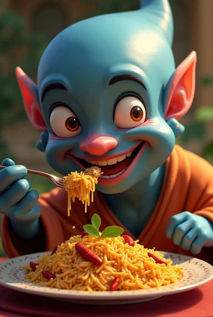 Smiling Bald Geni eating biriyani with chicken piece 