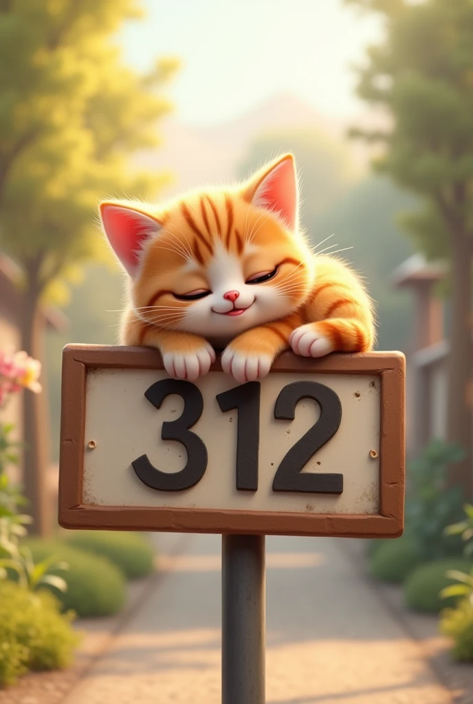 A super cute kitten lying on a sign that says 312,Smiling mouth