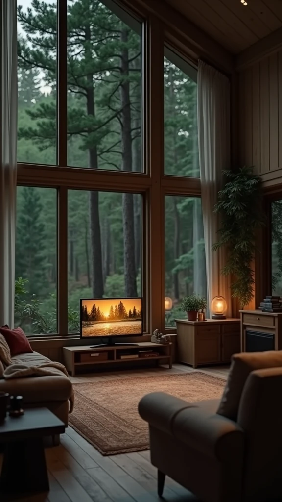 Living room in the mountains at night，You can see the trees outside the window，wall，television
