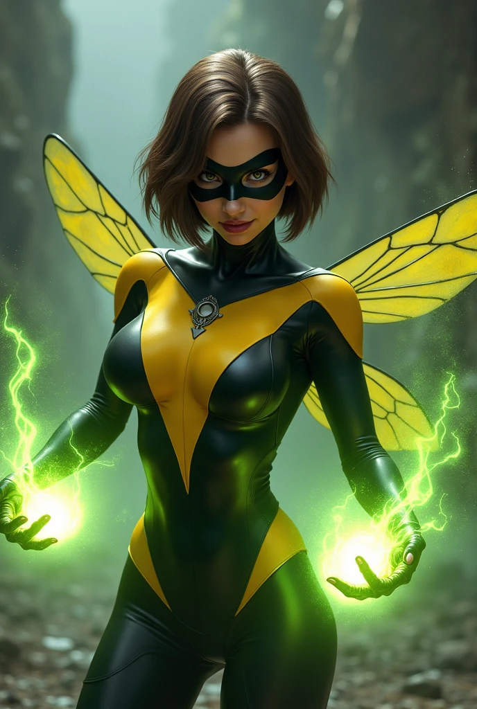 A gorgeous full body pose of a Beautiful evil supervillain woman with short brown hair in a layered bob, a black domino mask covering her eyes and black glossy lips, a sadistic grin across her face.  She is wearing a sleek skintight ((yellow and black costume)) with wasp wings sprouting from her back. Shrunken to the size of a wasp she is attacking a man with green energy blasts from her hands. 