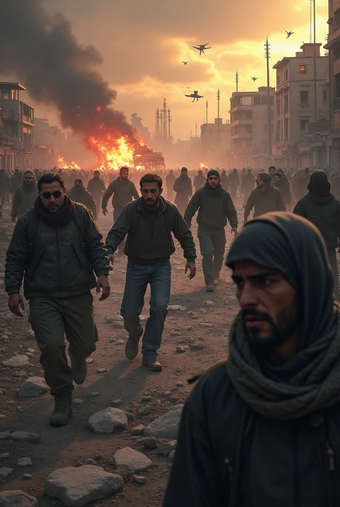 A war-torn landscape in Palestine, with devastated buildings reduced to rubble. Smoke and fire rise in the background, darkening the sky. In the foreground, people are fleeing, carrying their belongings, while others are wounded and seeking help. The faces of the people show despair, fear, and sorrow.  War aeroplane are bombarded on the people 