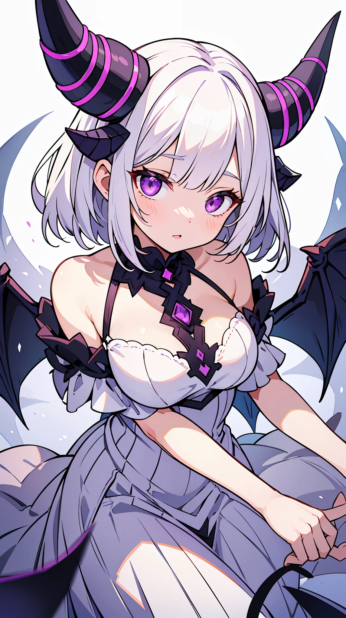 Woman1,30 years old, white hair,medium hair, lips,light purple eyes,hot body,triangle face, demon wings,demon horns,short a dress,off-shoulders,high resolution, high detail,very detailed 