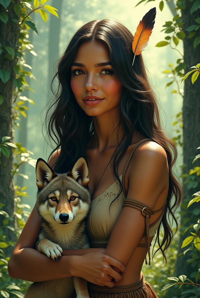 A beautiful young Native light brown skin American woman in the forest landscape with a smaller young wolf next to her, airbrush artwork, Feather in hair half body, center, Ultra HD, realistic, vibrant colors, very detailed, UHD drawing, pen and ink, perfect composition, beautiful, detailed, intricate, insanely detailed octane rendering trend on Artstation, 8k artistic photography, photorealistic concept art, Soft, natural, volumetric, cinematically perfect light art bei nene thomas, kajenna, Watercolor, trending on artstation, sharp focus, studio photo, intricate details, highly detailed, by greg rutkowski