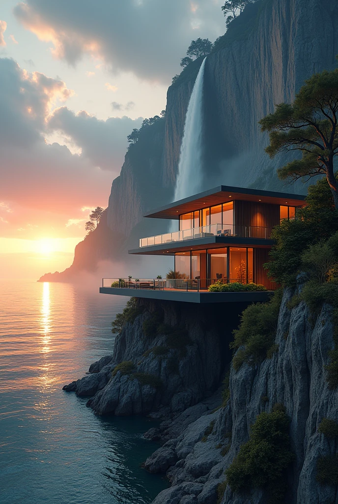 (((Une maison étonnante))), (influence du style minimalisme et brutalisme), (((avec terrasses))), (beaux jardins), bord de mer , cascade ((Au sommet d'une falaise escarpée)), coucher de soleil, nuages profonds et beaux, format d'illustration, palette de couleurs froides et chaudes, Contraste élevé, ombres dures (chef-d'œuvre, la plus haute qualité), (Éclairage et ombre exquis, image très dramatique, effet de lentille cinématographique), (((Style visuel de Simon Stålenhag))) Maison à 2 niveaux, maison de 300 mètres carrés, plafond hausmanien, croquis d'architecture, dessins d'architecture, fléchettes