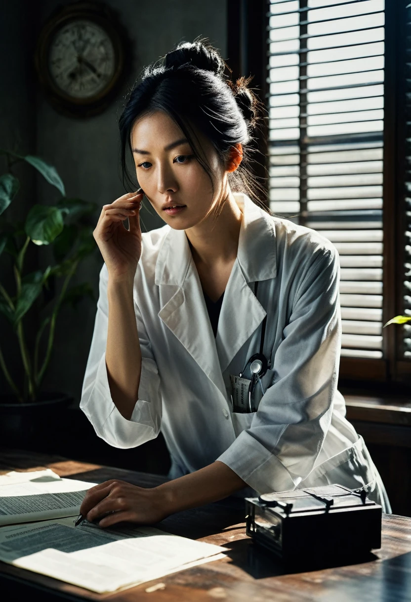 Beautiful botanical genius, Misaki Sato, 28, Japanese, long black hair in a messy bun, concentrated expression, A dimly lit, brand new, clean laboratory, early morning sunlight streaming through venetian blinds, creating stark shadows, papers strewn across floor, empty clematis specimen case prominent on central table, drawers pulled out, computer screen, distraught genius Beautiful botanical Misaki in foreground, hand over mouth, wearing clean lab coat, clock on wall showing 7:15 AM, hyper-realistic, dramatic lighting, intricate detail, faded, highly detailed eye, 16k resolution, RAW, Nikon Z9, creative, masterpiece, fantasy, super detailed, high resolution, high quality, 8k, realistic, super detailed Dramatic Lighting, Soft Focus, Digital Illustration, Intricate Mechanics, Advanced Techniques, Dark Backgrounds, Cinematic, High Contrast, Moody, Atmospheric, (Top Quality, 4k, 8k, High Definition, Masterpiece: 1. 2), Ultra-Detailed, (Realistic, Graphic, Photorealistic: 1. 4) -- No glass --AR 16:9 --Stylize 1000