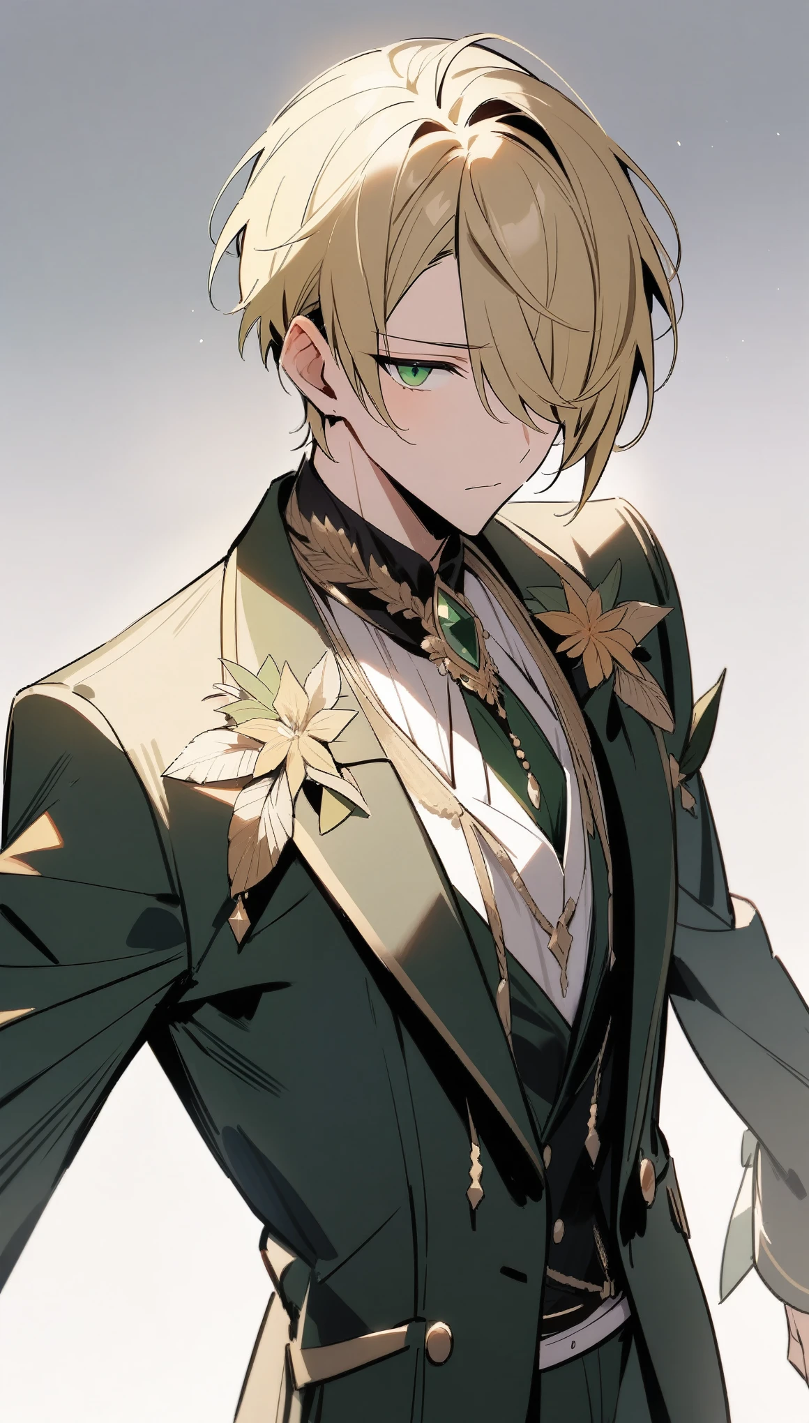 {{masterpiece}}, The best quality of life,((White background)) 、good looking, alone, 1 male,Golden Hair、hair over one eye、Short Hair、Green Eyes、Formal fashion、Cowboy Shot、Watching Me