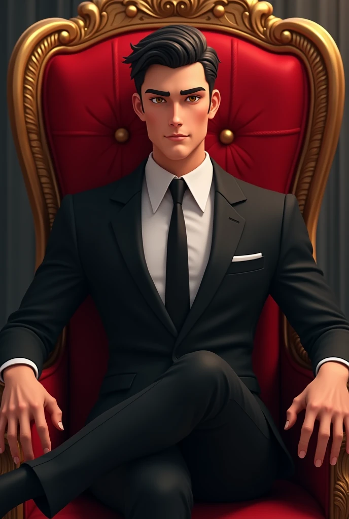 Handosome semi animated 25 yearsold man sitting in the red royal chair wearing a black suit.