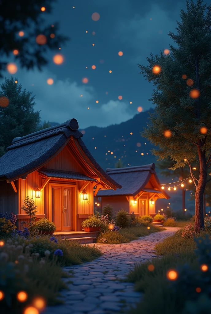 (photorealism:1.2), Villa where it is always night, where there are fireflies illuminating the place. With a pleasant, homely and magical atmosphere. The houses are small orange