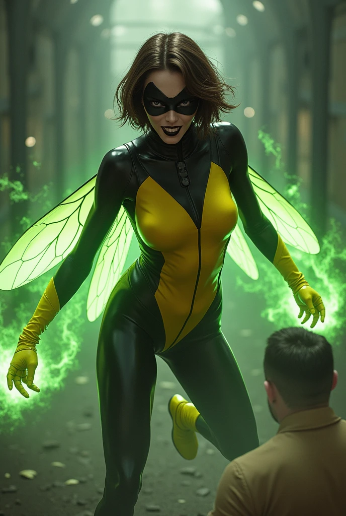 A gorgeous full body pose of a Beautiful evil supervillain woman with short brown hair in a layered bob, a black domino mask covering her eyes and black glossy lips, a sadistic grin across her face. She is wearing a sleek skintight ((yellow and black costume)) with wasp wings sprouting from her back. Shrunken to the size of a wasp she is attacking a man with green energy blasts from her hands.