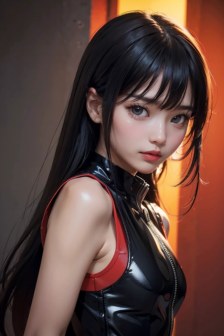 digital art drawing, illustration of (anime girl, long black hair with bangs, brown eyes, flat chest, confident look, black and red latex suit, tactical vest), anime drawing/art, bold linework, illustration, digital art, masterpiece, flat illustration, no shadows, 8k resolution, high detail, vector art, only anime, perfect eyes, perfect hands, perfect fingers, sharpness, high clarity, medium close up, high fidelity