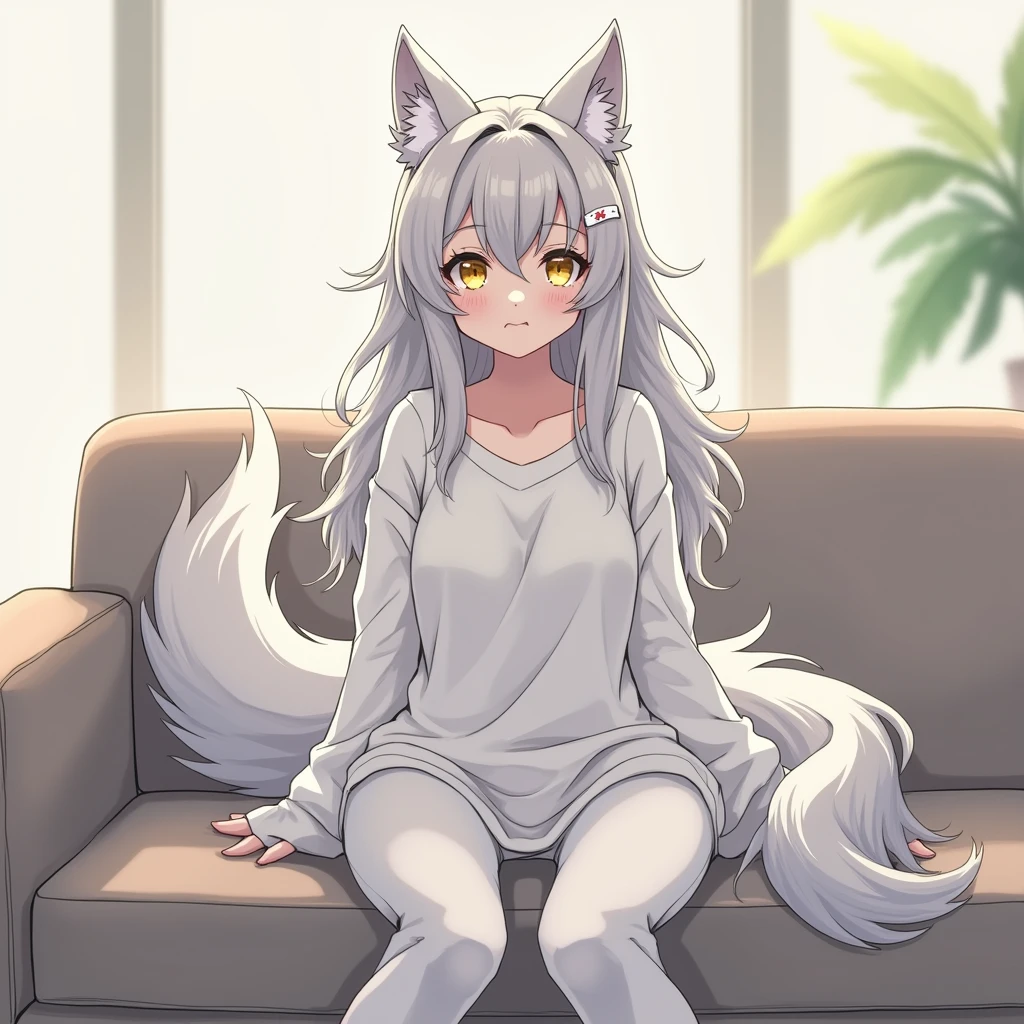 Anime, Demi-Human, Wolf, Long silver hair is a little messy, Gold eyes, white skin, wolf ears, Silver wolf tail, baggy shirt and pants, sit on the couch