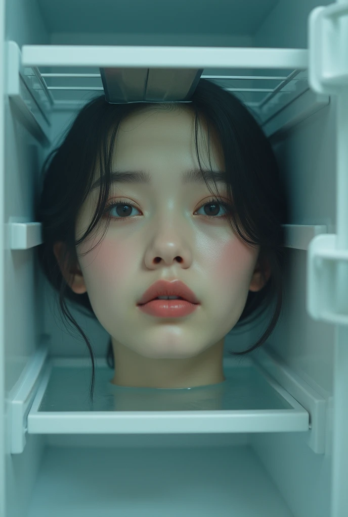 (photorealism:1.2), beautiful malay woman disembodied head placed in a fridge