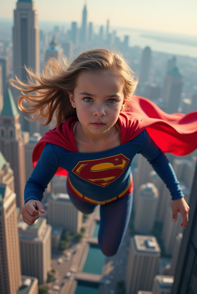 girl, 6 yea костюме super girl, suit to the neck, chest closed, flies in front of the city, a red cloak flutters behind his back