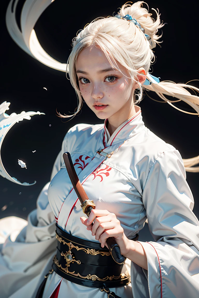 Close-up of a woman holding a sword in a white dress., Character illustration by Yang J., Trending on CGSociety, fantasy art, beautiful character drawings, artwork in the style of Gouvice, Gouvice, white hanfu, flowing white coat, Wu Xie's whole body, Excellent and exquisite character art., Amazing character art, Beautiful Female Assassin