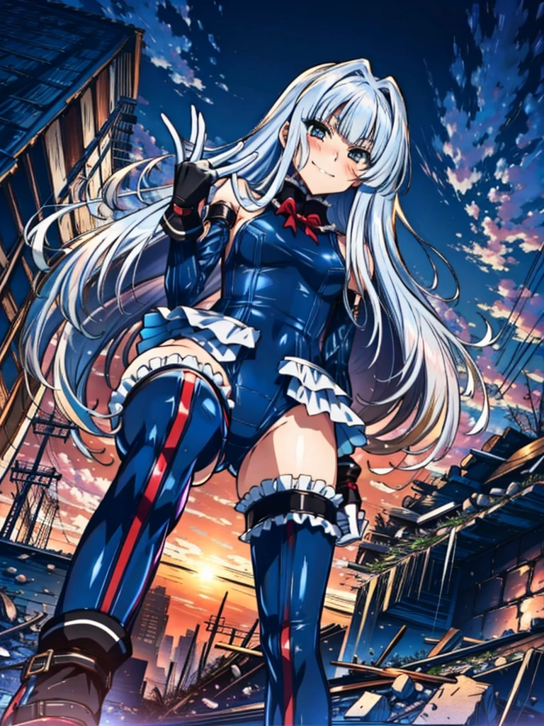 4K,Perfect Anatomy, highest quality, Rose,Wicked Smile,Provocative attitude
,(Two girls greet dawn on a pile of rubble:1.1),Wicked Smile,Anime Style,(White ruffled swimsuit, Knee socks, Removed sleeve), (Anime Style:1.4) ,
Silver Hair,(White fingers:1.1,Black gloves),Very long hair,Evil Aura,(From below:1.4),
Hollow Eyes,whole body