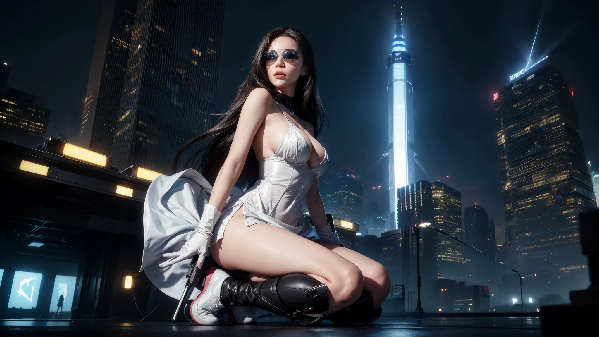 (Wide angle view). Matrix film inspired New York city, simple outlined neon tall buildings, glowing giant clock tower, year 1937 cars, lightning, 3D rendering Beeple. At night, (1girl, solo, alone), photorealistic, large-breast slim:0.6 body, oval:0.5 face, cleavage:1.1, very low angle view of sexy ethereal white dress, deep-v, ((upskirt)), glove, (Matrix style black micro sunglasses), ((aiming viewer with a short gun)), (half-body thigh level close-up shot), cinematic lighting, ray tracing.