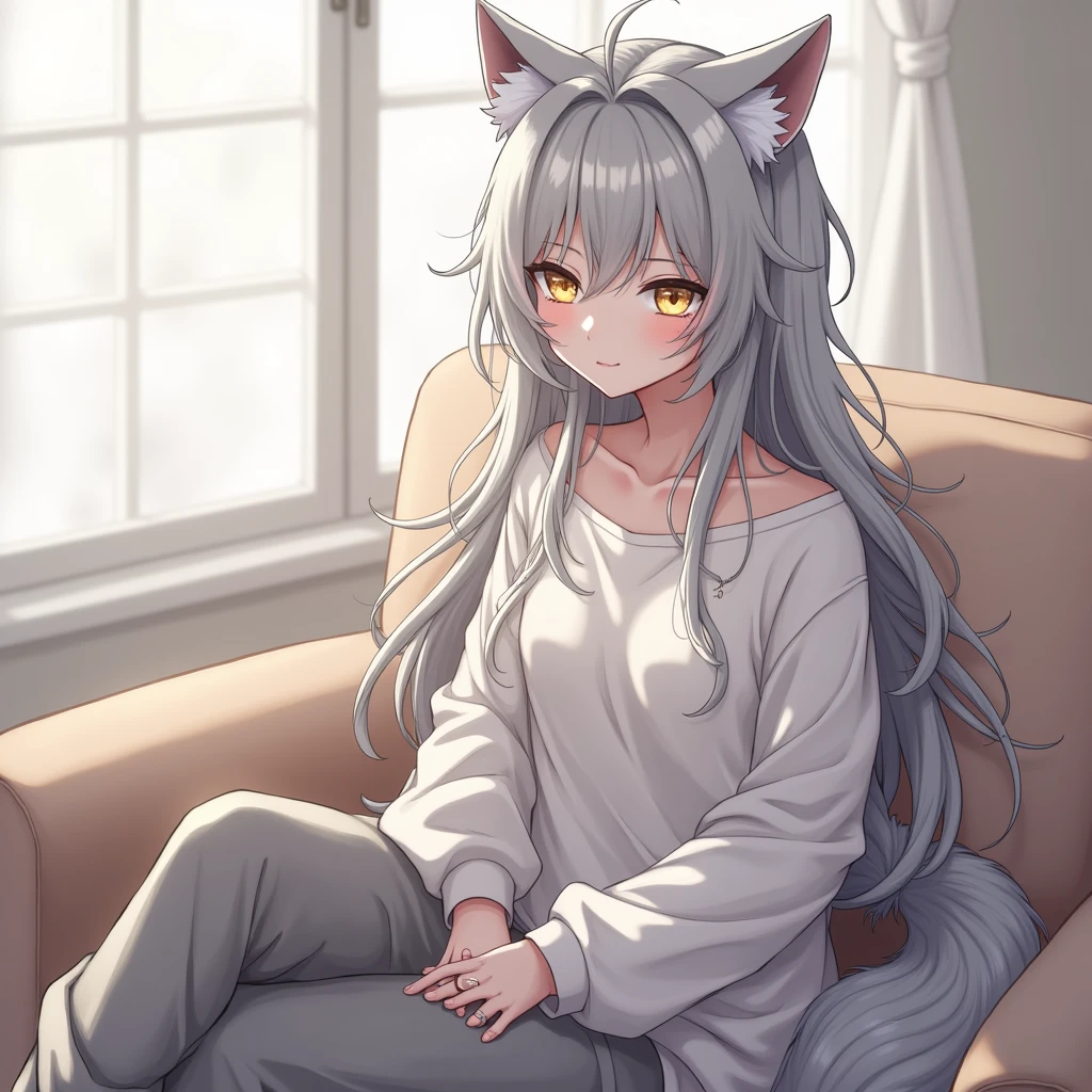 Anime, Demi-Human, Wolf, Long silver hair is a little messy, Gold eyes, white skin, wolf ears, Silver wolf tail, baggy shirt and pants, sit on the couch