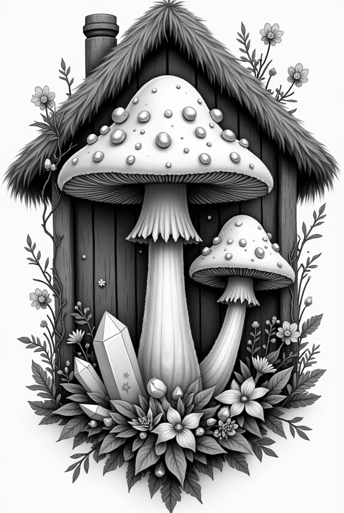Mushroom with crystals cottage core theme black and white tattoo design