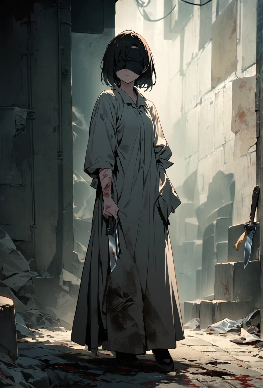 Alley, There is a girl, The eyes were blindfolded by cloth., Back against the wall,Arm injury. Her face was filled with sadness and despair... , Linen clothes, Perspective material, Knife in hand, Strike a pose, ,Killer