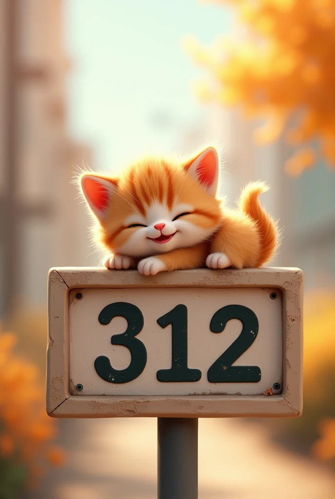 A super cute kitten lying on a sign that says 312，Smiling mouth