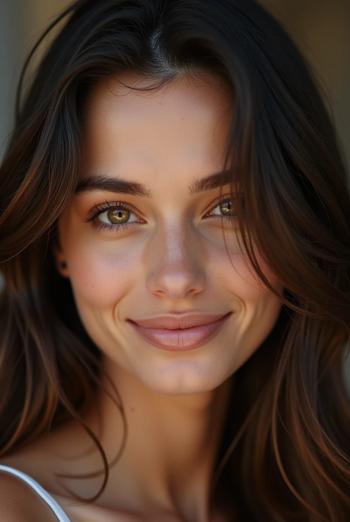 Jolie belle brune, seule dans la pièce très détaillée 24 ans, visage affectueux, cheveux longs, yeux marrons, haute résolution, meilleure qualité, Détails complexes très détaillés, netteté réaliste skin, texture yeux détaillée, professionnel, yeux professionnels, 4K. Sourire tourné avec Canon, 85 mm, faible profondeur de champ, couleur de vision kodac, fard à paupière, photo, ultra réaliste, photo réaliste, post traitement, détails maximum, rugosité, vrai vie, ultra réalisme, la photographie 8k