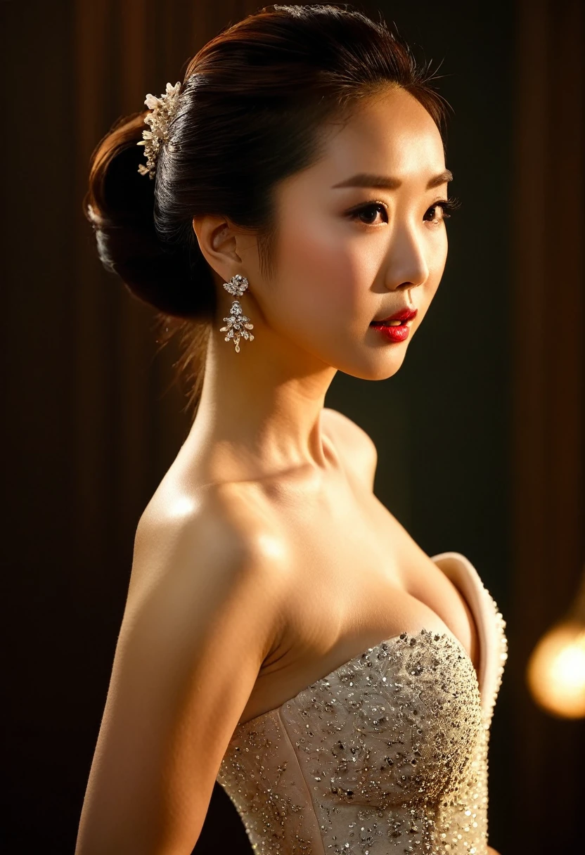 ((Highest quality, 8k, masterpiece: 1.3)), sharp: 1.2, Perfect Body Beauty: 1.4,From the top side, Focus on the neck, Highest quality, Beautiful female curves from ear to neck, close, Updo, Fascinating lighting、dress、Asian Woman