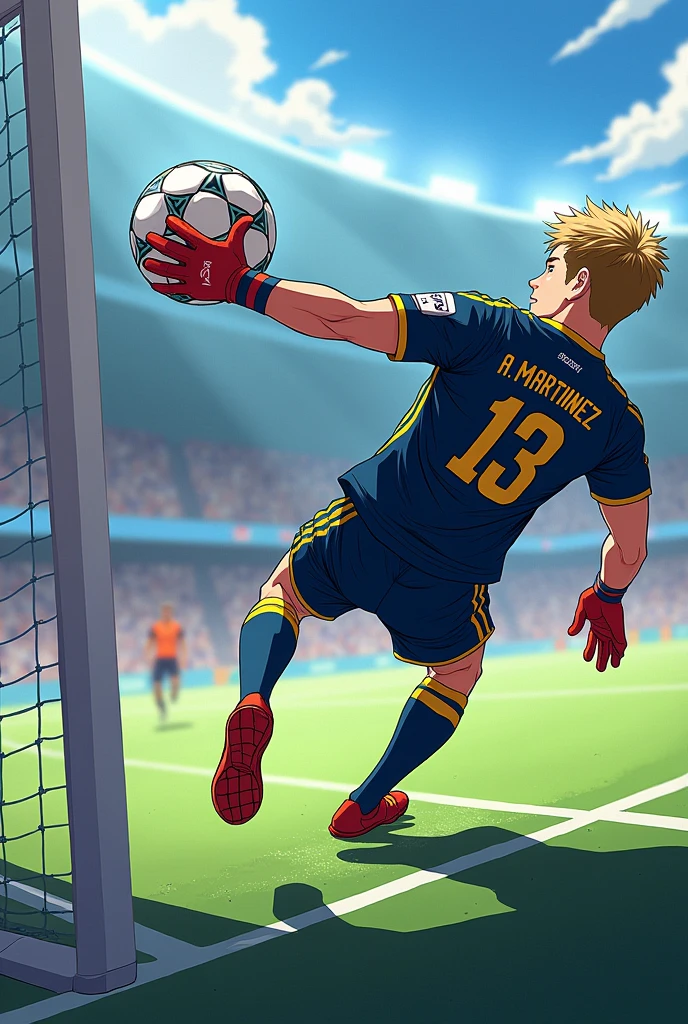 A soccer goalkeeper being the MVP with the number 13 on his back that says A. Martinez Very good, Now he is stopping a ball that is going towards the corner of the goal being the same person with lighter hair and it can be seen that he is going towards the ball like in the super champions Saving a shot from the tiger in the super champions series
