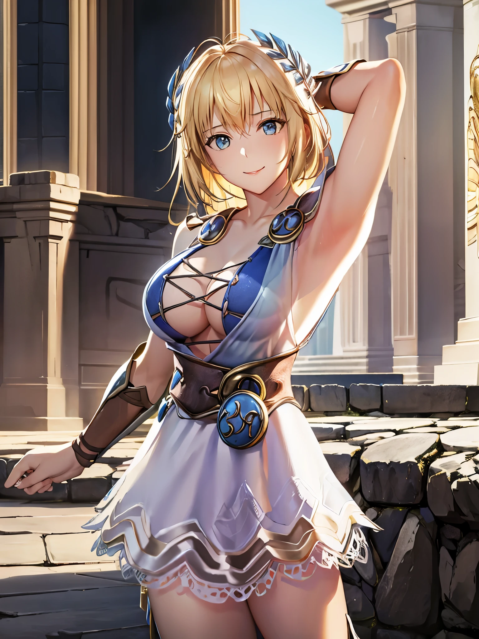 masterpiece, Highest quality,temple,Sophitia Alexandre,blonde,(Light blue sleeveless dress skirt),smile,