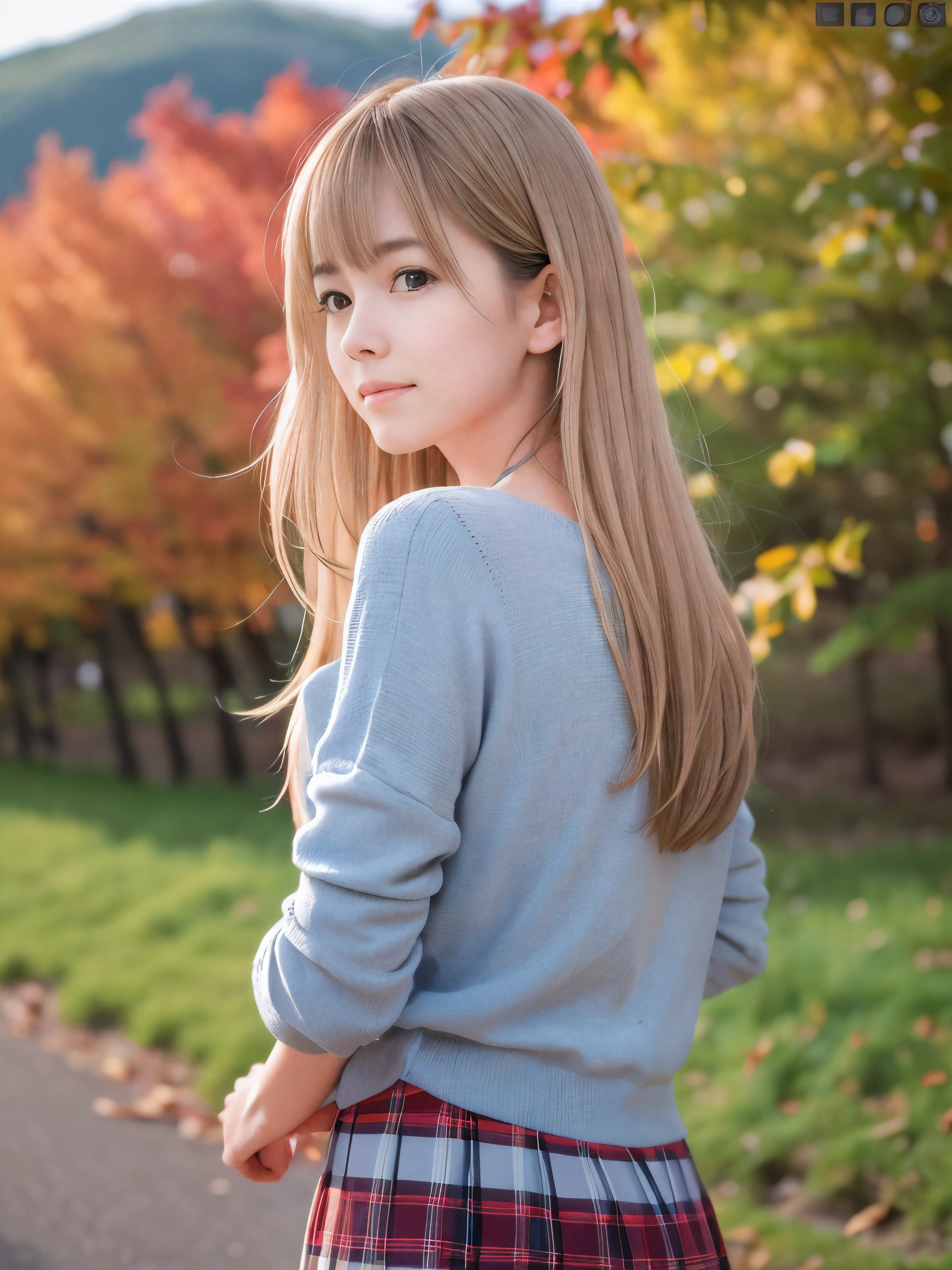 (Close up face shot of one slender small breasts half up blonde long hair with bangs girl in a long sleeves shirt and sweater and skirt:1.5)、(One blonde hair girl is dlooking back with sad smile on the dart road near the lake and big waterfall in Japan:1.5)、(Beautiful sunset time with autumn red leaves and mountain:1.5)、(Natural light:1.5)、(8k ultra detailed master piece:1.5)、(perfect anatomy:1.5)、(Photorealistic stick:1.5)、(Raw photo:1.3)、(highest quality:1.5)、(High resolution:1.3)、(Delicate and beautiful perfect face:1.3)、(Delicate and beautiful eye air skin:1.3)、(Real Human Skin:1.3)、((thin legs))