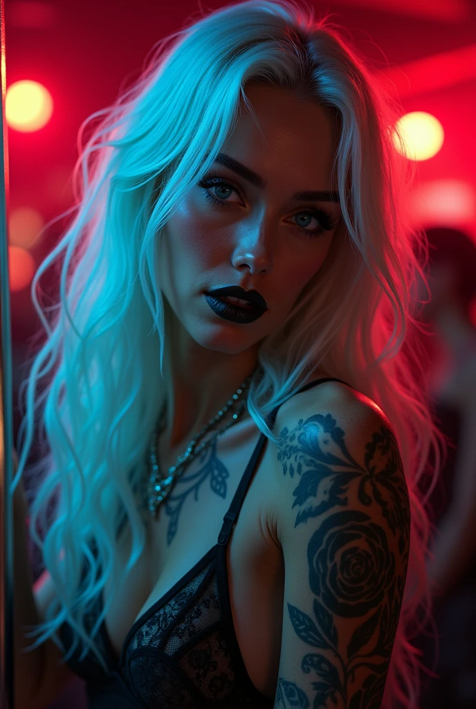 beautiful girl with a very long platinum blonde hair , blue streaks, green streaks blue eyes, lashes, big glossy lips, highlight and blush on her face,tattoos,piece, black eyeshadow, black lipstick, wearing sexy underwear,dancing in pole, red lights , club background