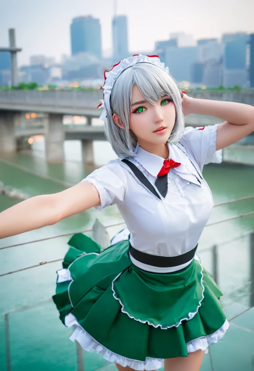 masterpiece, Highest quality, figure, Fighting Pose, One girl, Noel Genshin Impact, Silver short hair, Green Eyes, Maid skirt with red side parts, Maid Knight, Maid Knight armor, City Bridge, water,