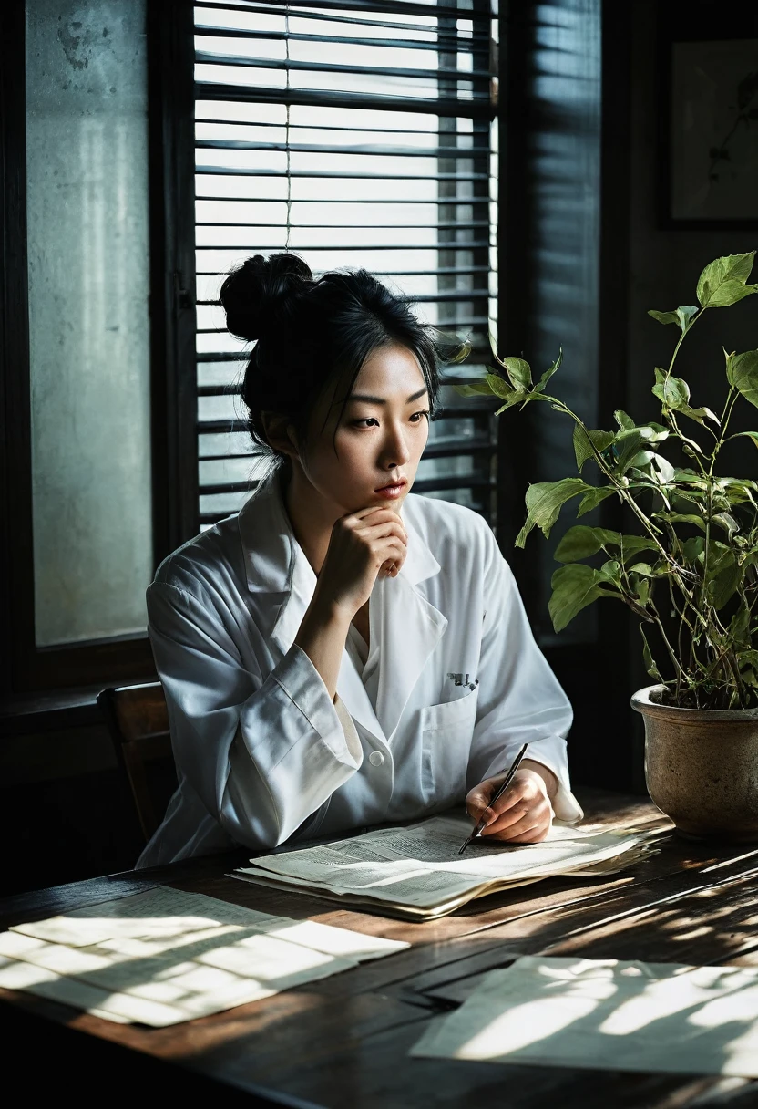 Beautiful botanical genius, Misaki Sato, 28, Japanese, long black hair in a messy bun, concentrated expression, A dimly lit, brand new, clean laboratory, early morning sunlight streaming through venetian blinds, creating stark shadows, papers strewn across floor, empty clematis specimen case prominent on central table, drawers pulled out, computer screen, distraught genius Beautiful botanical Misaki in foreground, hand over mouth, wearing clean lab coat, clock on wall showing 7:15 AM, hyper-realistic, dramatic lighting, intricate detail, faded, highly detailed eye, 16k resolution, RAW, Nikon Z9, creative, masterpiece, fantasy, super detailed, high resolution, high quality, 8k, realistic, super detailed Dramatic Lighting, Soft Focus, Digital Illustration, Intricate Mechanics, Advanced Techniques, Dark Backgrounds, Cinematic, High Contrast, Moody, Atmospheric, (Top Quality, 4k, 8k, High Definition, Masterpiece: 1. 2), Ultra-Detailed, (Realistic, Graphic, Photorealistic: 1. 4) -- No glass --AR 16:9 --Stylize 1000