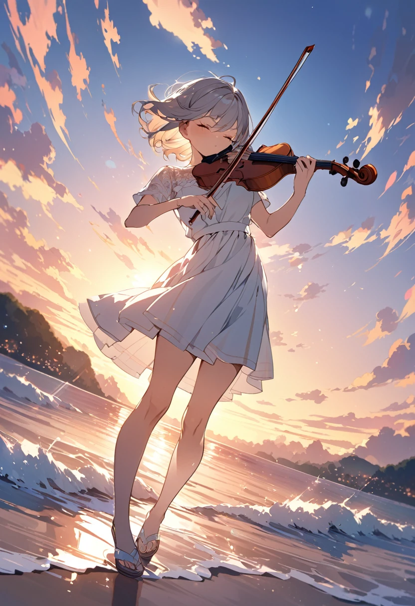 anime style, super fine illustration, highly detailed, dynamic angle, beautiful detailed, 8k, On a summer evening, a high school girl is practicing violin on the beach. BREAK She has her eyes closed, with a dreamy expression on her face. BREAK Her hair flows gracefully in the wind as the soft light of the sunset envelops her.