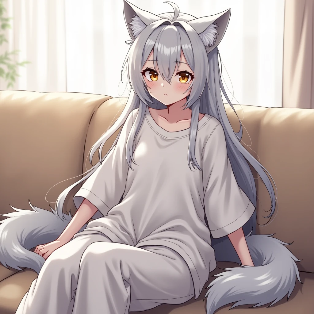 Anime, Demi-Human, Wolf, Long silver hair is a little messy, Gold eyes, white skin, wolf ears, Silver wolf tail, baggy shirt and pants, sit on the couch