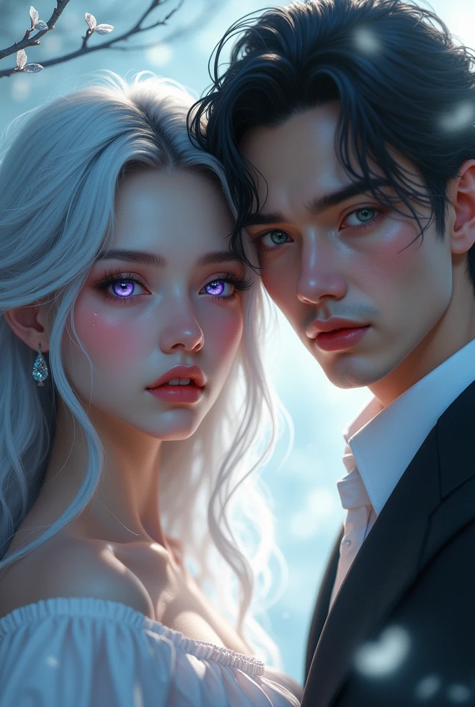 A girl with purple greenish eyes silver haired and a handsome guy
