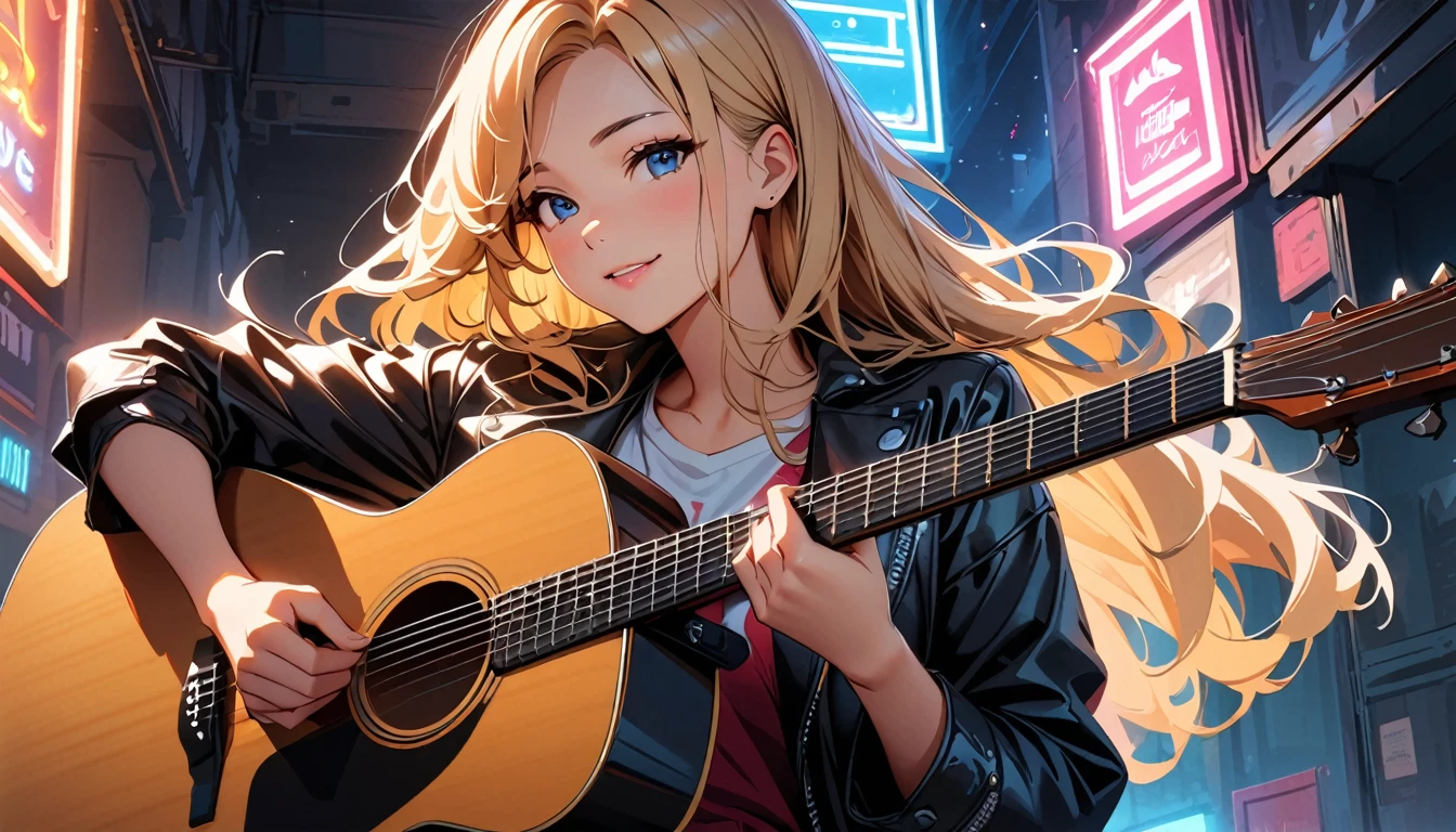 (Highest quality:1.2, Very detailed, up to date, Vibrant, Ultra-high resolution, High Contrast, masterpiece:1.2, Highest quality, Best aesthetics), Portraiture、girl、singer、performance、Rock Music、Bright colors、Beautiful attention to detail、Beautiful lip detail、Long Hair、Mike stand、music、Cheerful pose、leather jacket、Dynamic Movement、hypnotic sounds、amplifier、大音量のmusic、(((Acoustic guitar、A quiet room、night、Neon Light)))