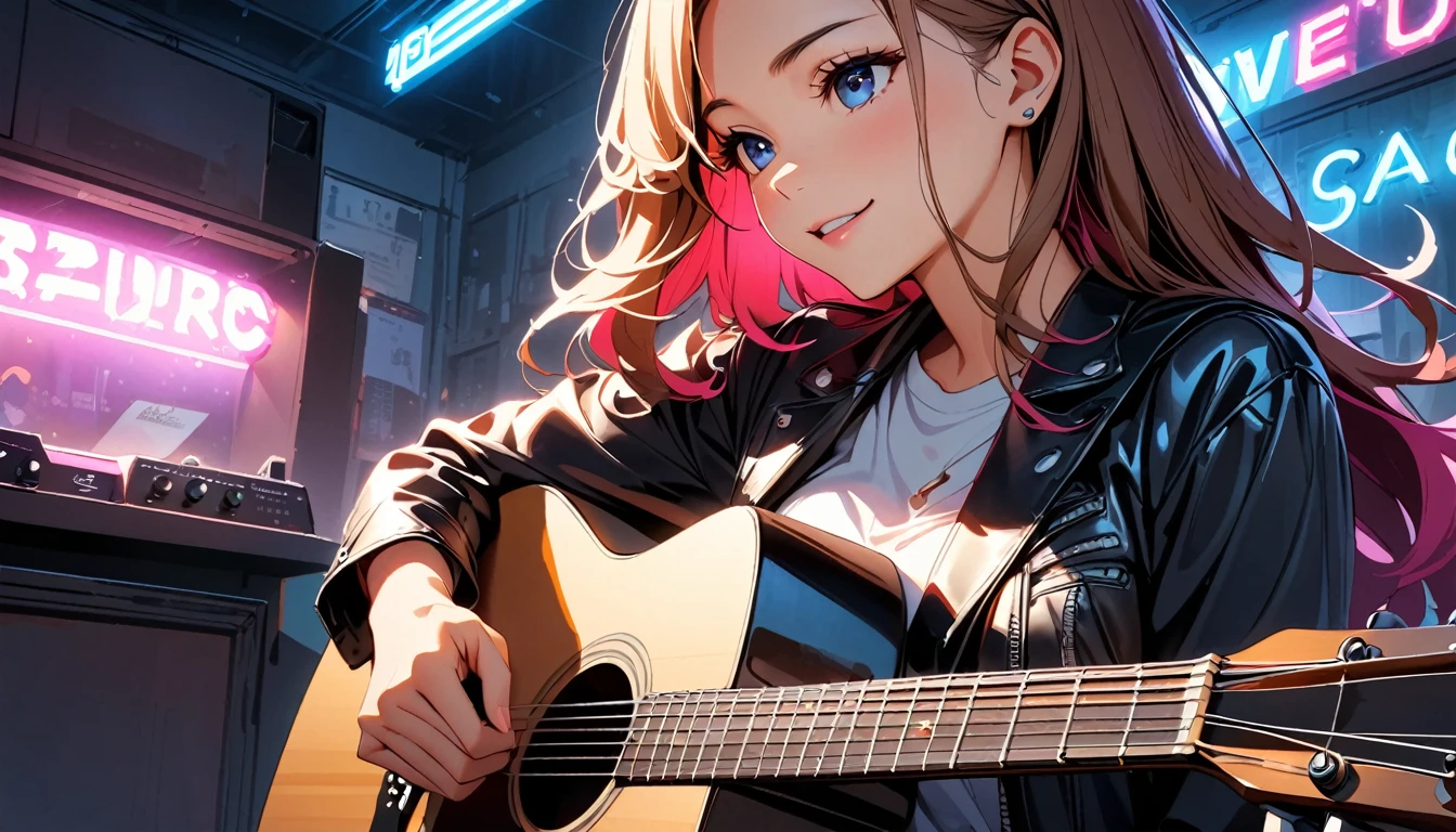 (Highest quality:1.2, Very detailed, up to date, Vibrant, Ultra-high resolution, High Contrast, masterpiece:1.2, Highest quality, Best aesthetics), Portraiture、girl、singer、performance、Rock Music、Bright colors、Beautiful attention to detail、Beautiful lip detail、Long Hair、Mike stand、music、Cheerful pose、leather jacket、Dynamic Movement、hypnotic sounds、amplifier、大音量のmusic、(((Acoustic guitar、A quiet room、night、Neon Light)))