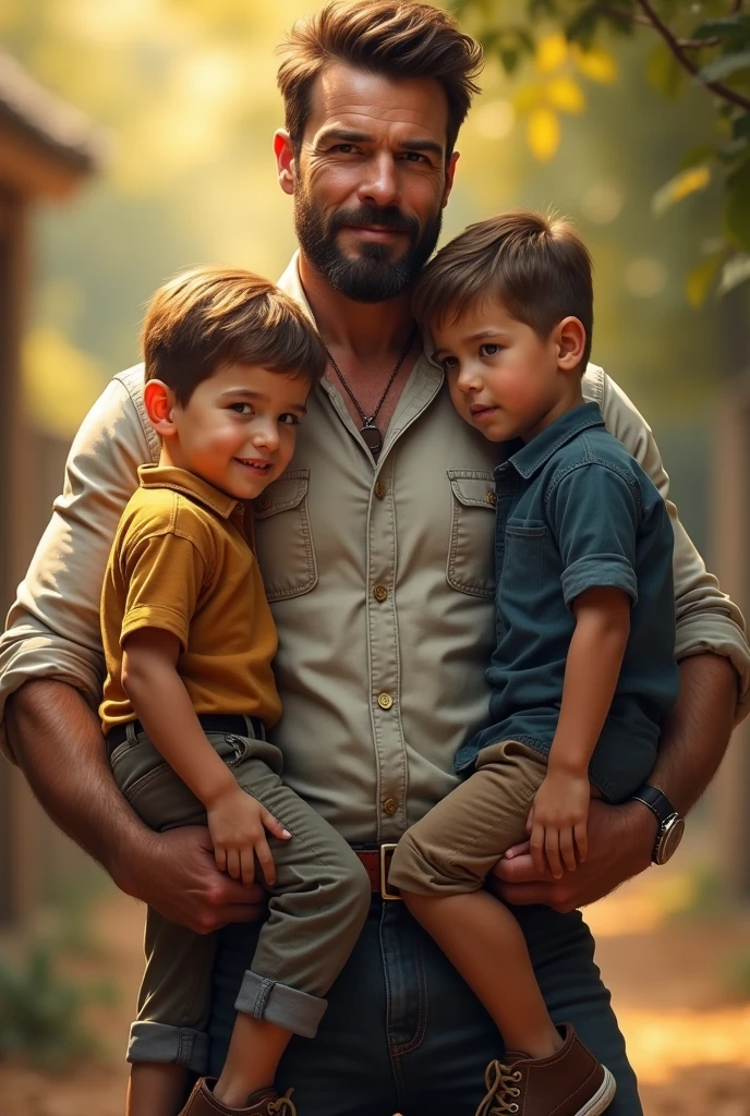 handsome daddy with twin boys back side
