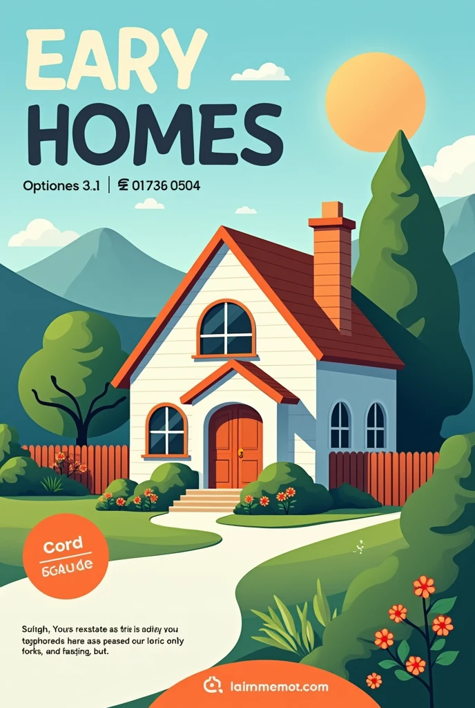 Une affiche publicitaire pour location de maison et vente de terrain.utilise la couleur blanc ,bleu et orange .