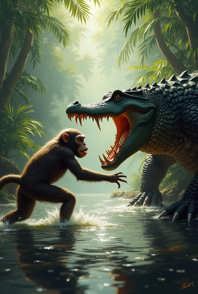 monkey walking in anger from crocodile