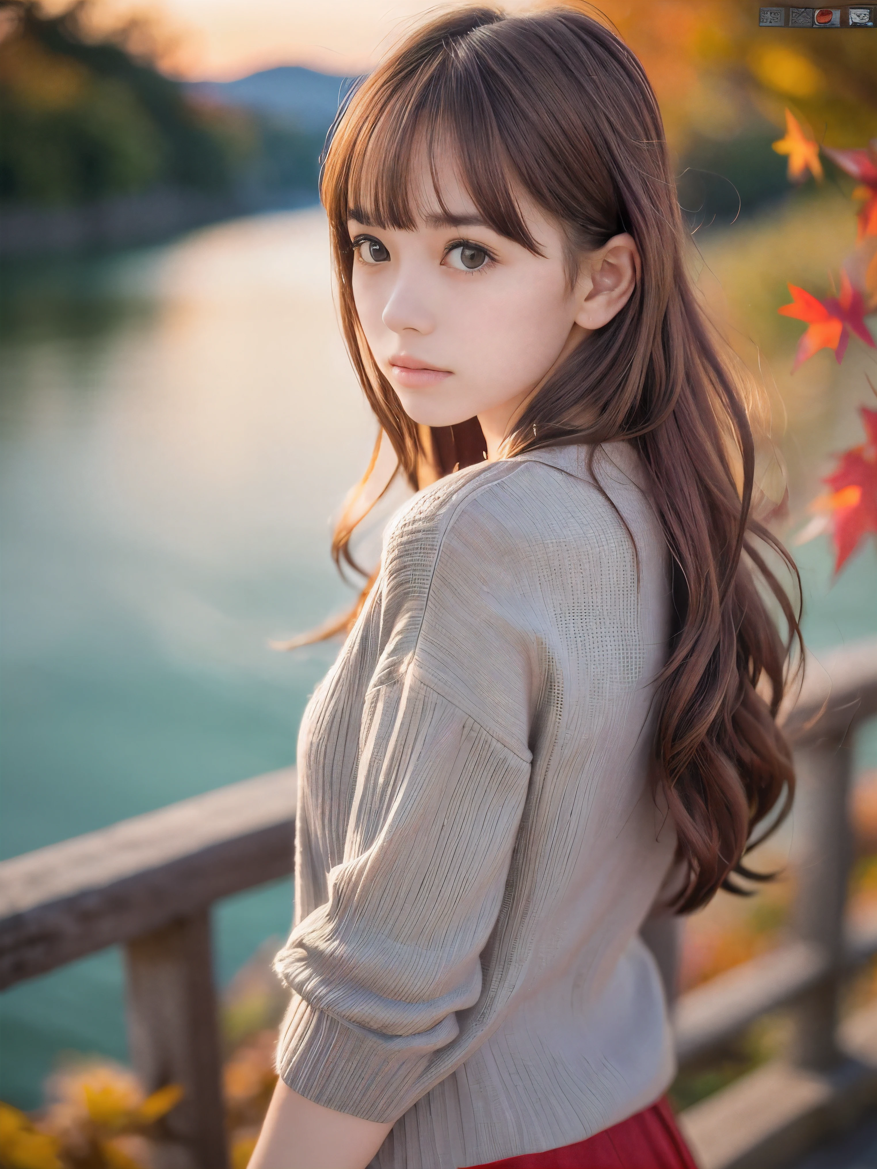 (Close up face shot of one slender small breasts red brown wavy long hair with dull bangs girl in a autumn fashion shirt and sweater and skirt:1.5)、(One girl is looking back with sad face on the dart road near the lake and big waterfall in Japan at sunset time:1.5)、(Beautiful sunset time with autumn red leaves and mountain view:1.5)、(Natural light:1.5)、(8k ultra detailed master piece:1.5)、(perfect ???????:1.5)、(Photorealistic stick:1.5)、(Raw photo:1.3)、(highest quality:1.5)、(High resolution:1.3)、(Delicate and beautiful perfect face:1.3)、(Delicate and beautiful eye air skin:1.3)、(Real Human Skin:1.3)、((thin legs))