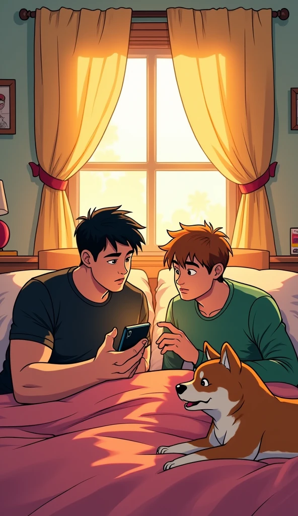 A stylized bouncy font above that says "VRIXIAN", two guy in bed one wearing black shirt, hair is black,the black t shirt guy is body built, one is wearing green long sleeve, they both looking at the phone having live stream, besides them has Shiba Inu, dynamic bedroom in a morning