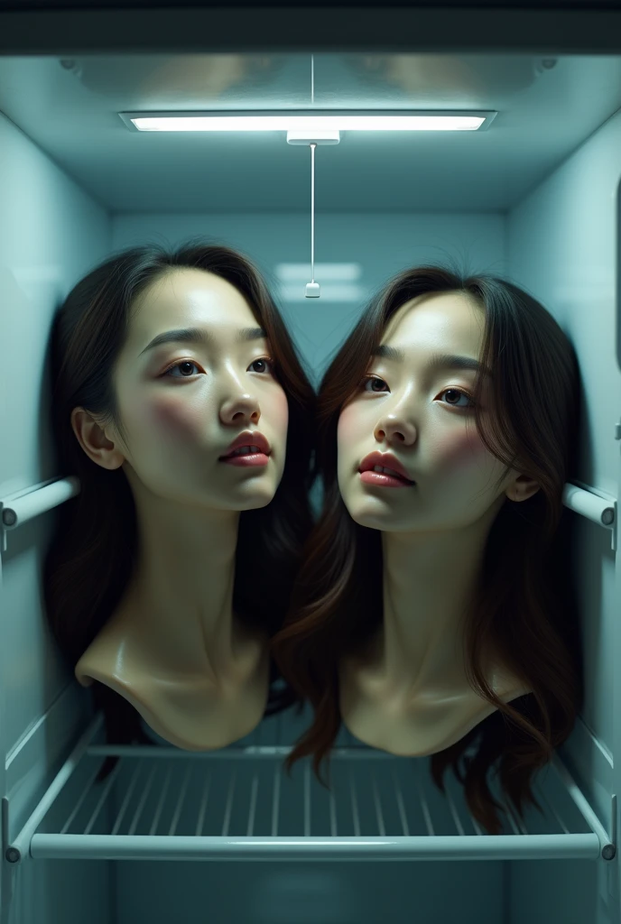 (photorealism:1.2), two beautiful malay woman disembodied head placed in a fridge