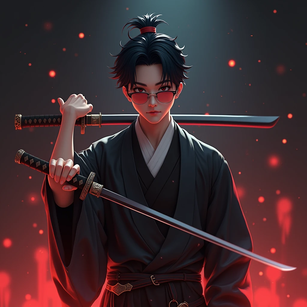 Create a character anime, {{background: text: “GLBK”, darkness}},
realistic, HDR, use glasses, handsome, korean style, full body, use katana, age 20, outfit text name: “PRAS”
